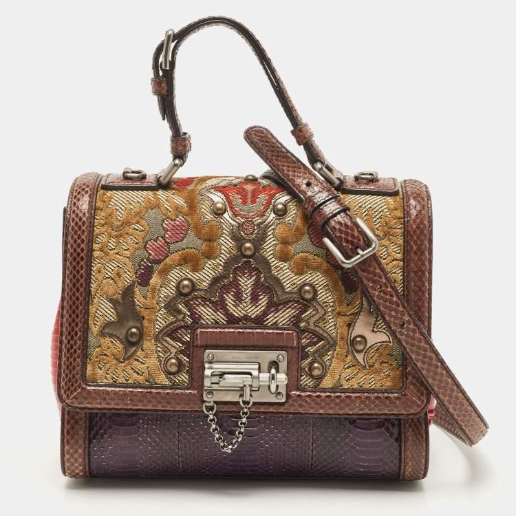 Pre Owned Dolce & Gabbana Multicolor Watersnake Leather and Brocade Fabric Medium Monica Top Handle Bag