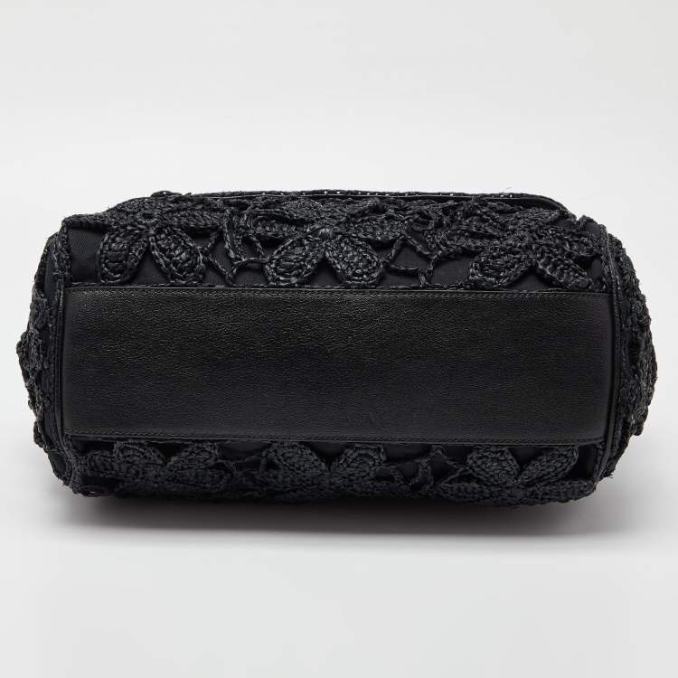 مملوكة مسبقًا Dolce & Gabbana Black Crochet Raffia and Leather Large Miss Sicily Top Handle Bag