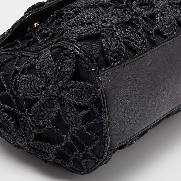 مملوكة مسبقًا Dolce & Gabbana Black Crochet Raffia and Leather Large Miss Sicily Top Handle Bag