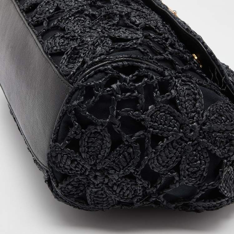 مملوكة مسبقًا Dolce & Gabbana Black Crochet Raffia and Leather Large Miss Sicily Top Handle Bag