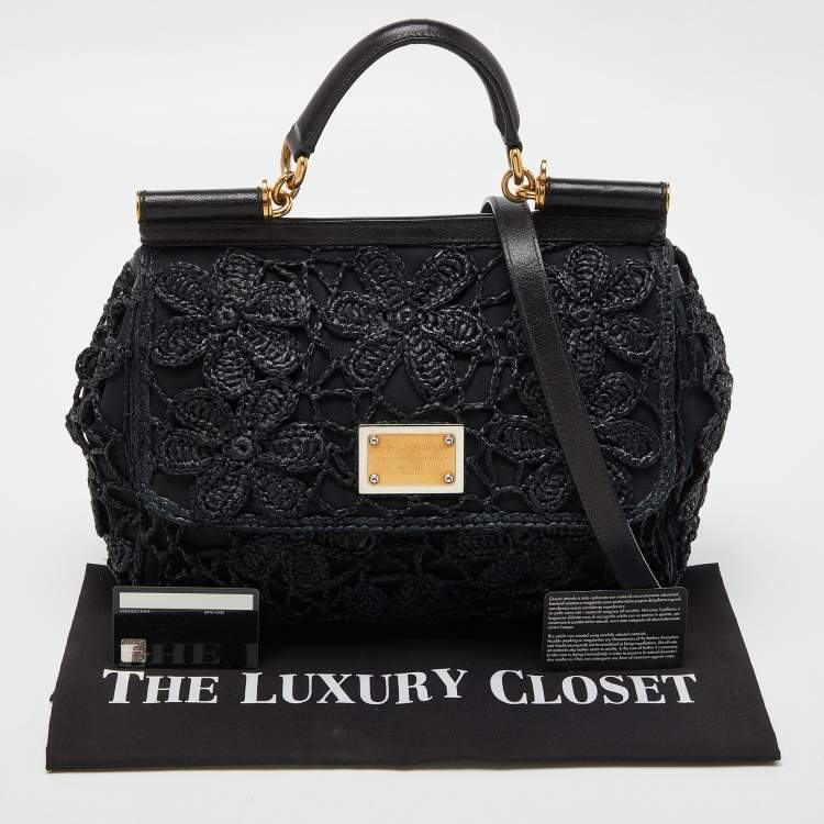 مملوكة مسبقًا Dolce & Gabbana Black Crochet Raffia and Leather Large Miss Sicily Top Handle Bag