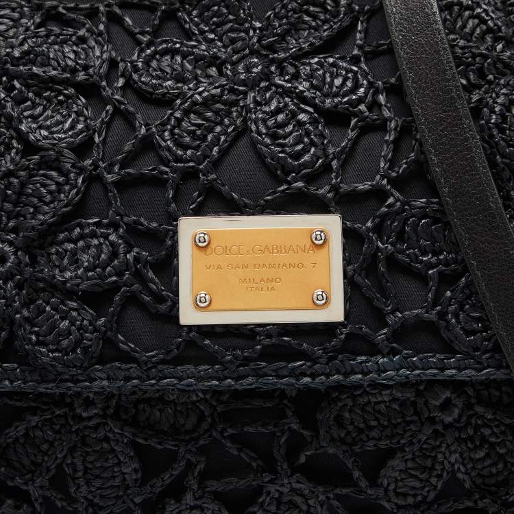مملوكة مسبقًا Dolce & Gabbana Black Crochet Raffia and Leather Large Miss Sicily Top Handle Bag