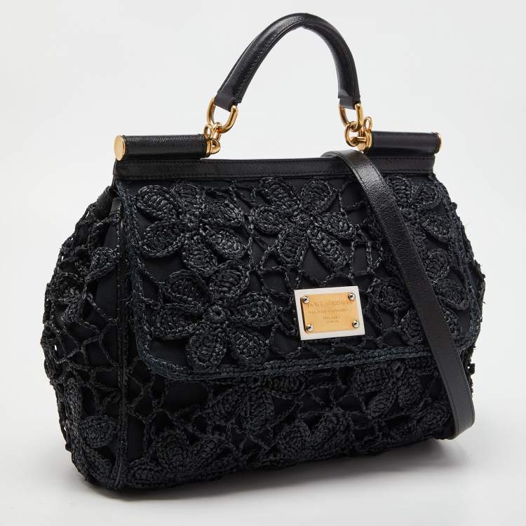 مملوكة مسبقًا Dolce & Gabbana Black Crochet Raffia and Leather Large Miss Sicily Top Handle Bag