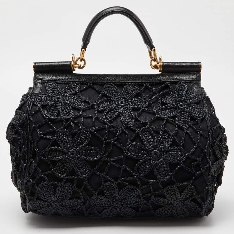 مملوكة مسبقًا Dolce & Gabbana Black Crochet Raffia and Leather Large Miss Sicily Top Handle Bag
