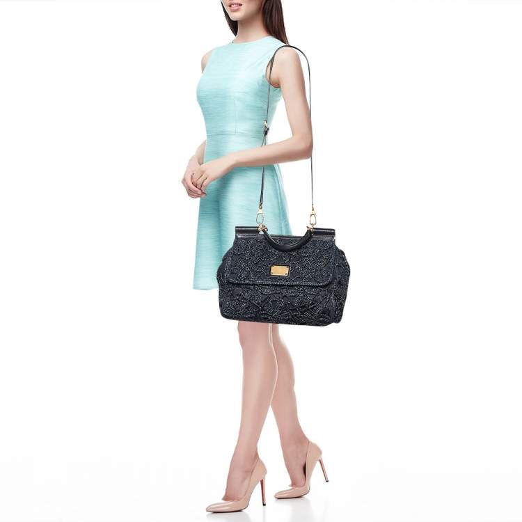 مملوكة مسبقًا Dolce & Gabbana Black Crochet Raffia and Leather Large Miss Sicily Top Handle Bag