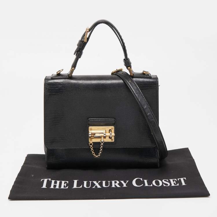 Pre Owned Dolce & Gabbana Black Lizard Embossed Leather Medium Miss Monica Top Handle Bag