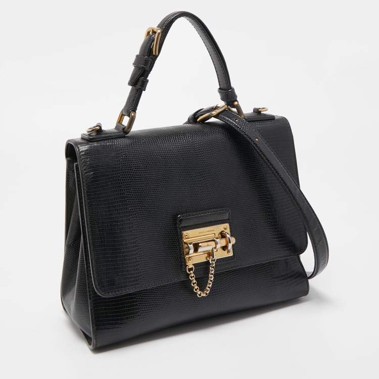 Pre Owned Dolce & Gabbana Black Lizard Embossed Leather Medium Miss Monica Top Handle Bag