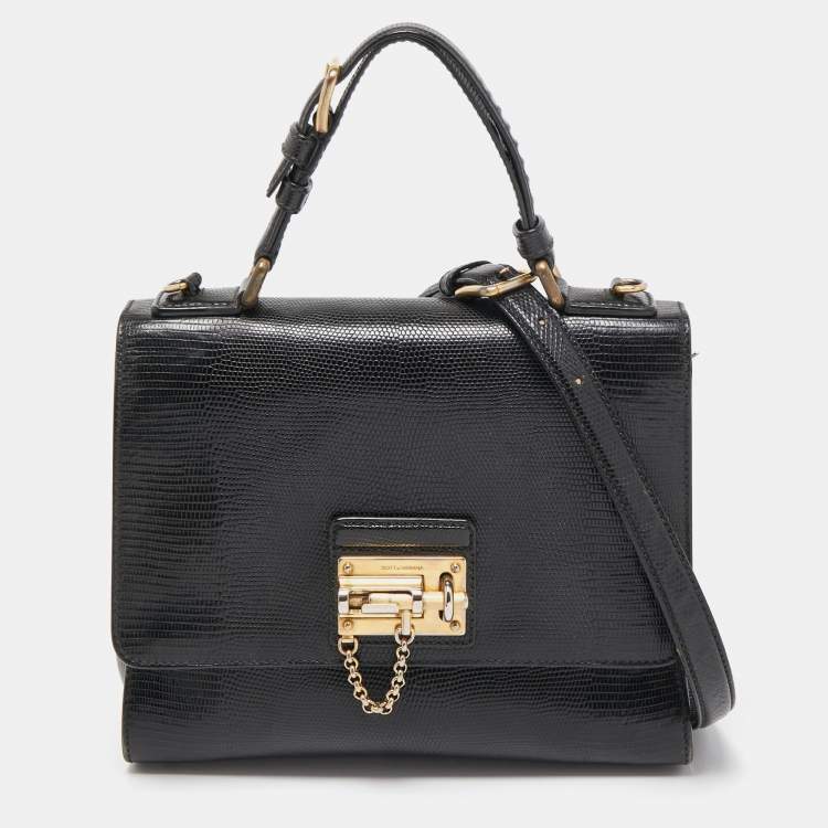 Pre Owned Dolce & Gabbana Black Lizard Embossed Leather Medium Miss Monica Top Handle Bag
