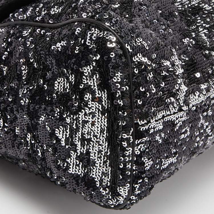 Pre Owned Dolce & Gabbana Black Sequin and Leather Large Miss Sicily Top Handle Bag