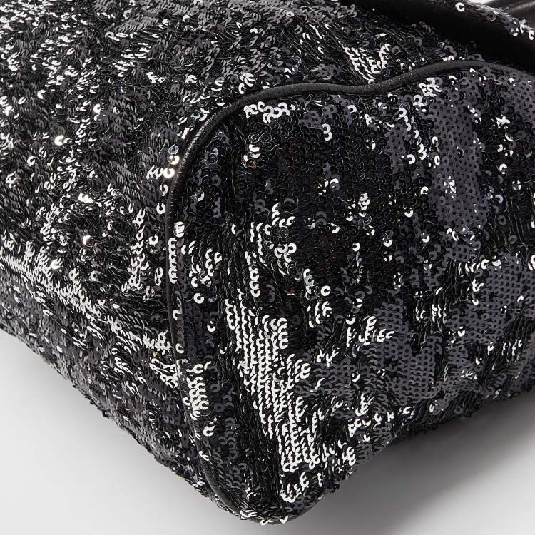 Pre Owned Dolce & Gabbana Black Sequin and Leather Large Miss Sicily Top Handle Bag