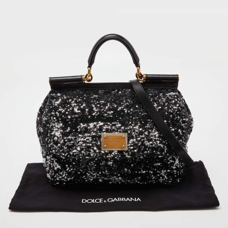 Pre Owned Dolce & Gabbana Black Sequin and Leather Large Miss Sicily Top Handle Bag