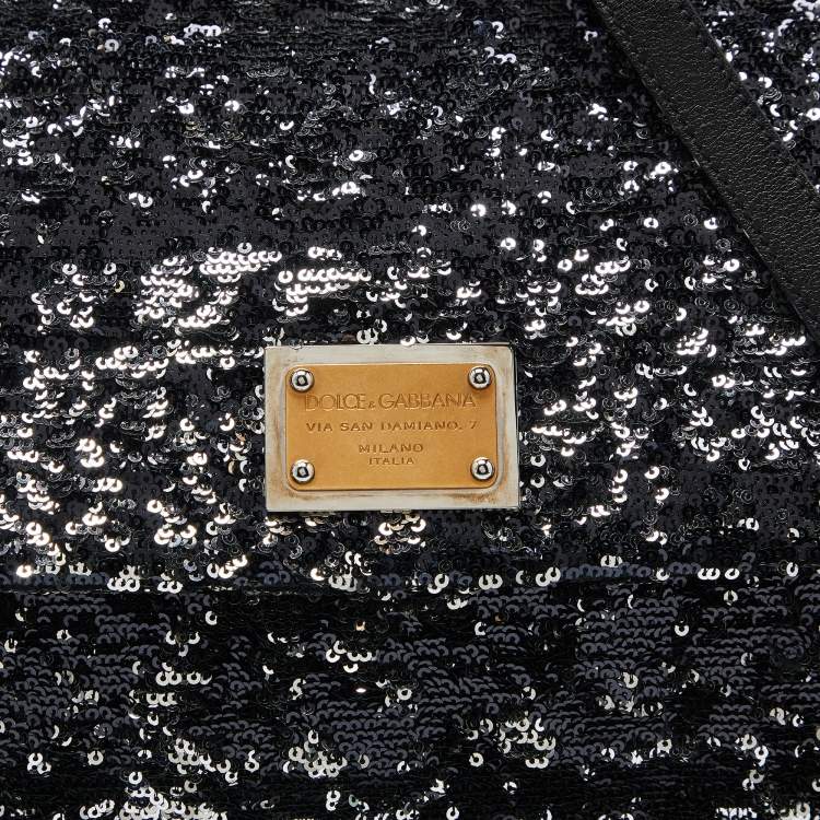 Pre Owned Dolce & Gabbana Black Sequin and Leather Large Miss Sicily Top Handle Bag