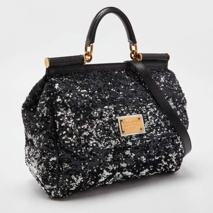 Pre Owned Dolce & Gabbana Black Sequin and Leather Large Miss Sicily Top Handle Bag