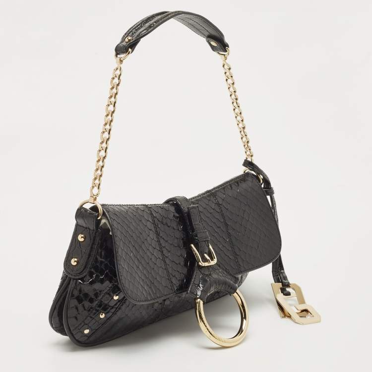 Pre Owned Dolce & Gabbana Black Python Ring Flap Shoulder Bag