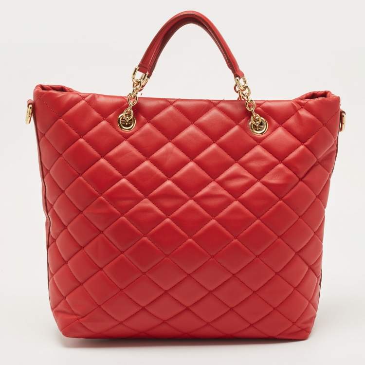 Pre Owned Dolce & Gabbana Red Quilted Leather Chain Shopper Tote