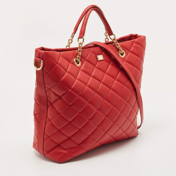 Pre Owned Dolce & Gabbana Red Quilted Leather Chain Shopper Tote