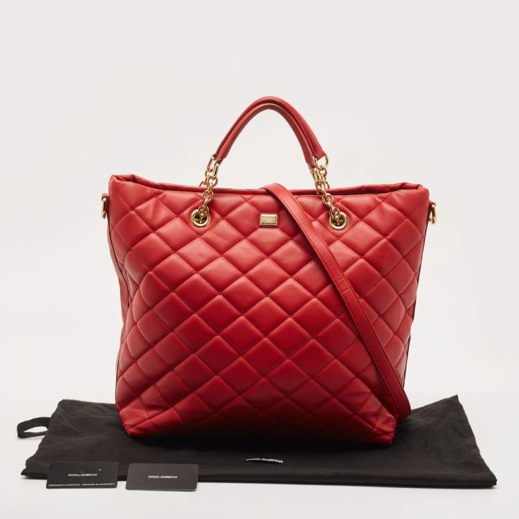 Pre Owned Dolce & Gabbana Red Quilted Leather Chain Shopper Tote