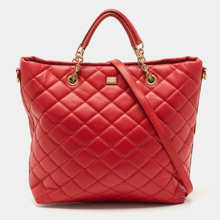 Pre Owned Dolce & Gabbana Red Quilted Leather Chain Shopper Tote