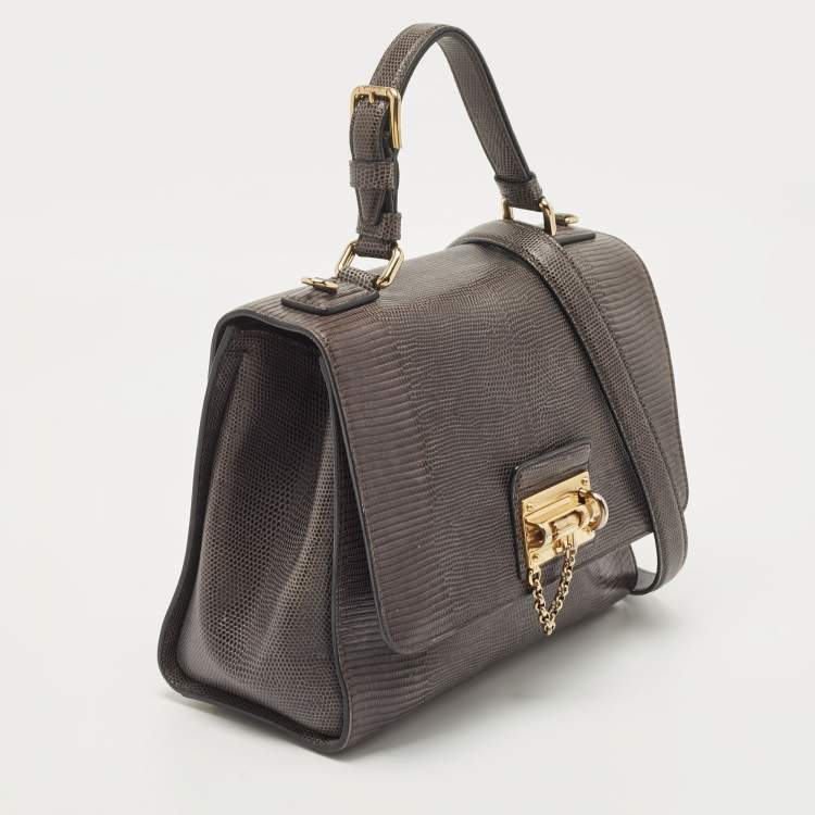 Pre Owned Dolce & Gabbana Grey Lizard Embossed Leather Medium Miss Monica Top Handle Bag