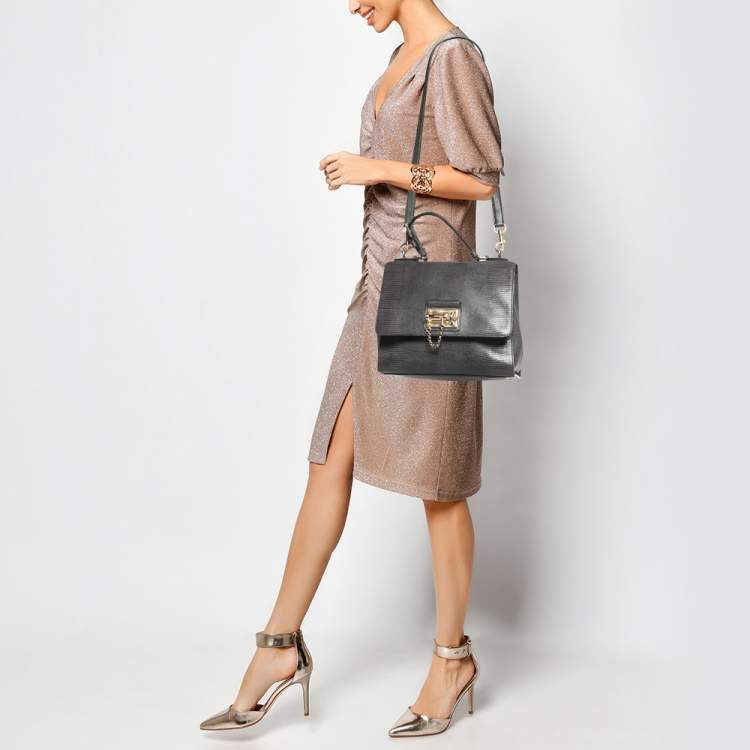 Pre Owned Dolce & Gabbana Grey Lizard Embossed Leather Medium Miss Monica Top Handle Bag