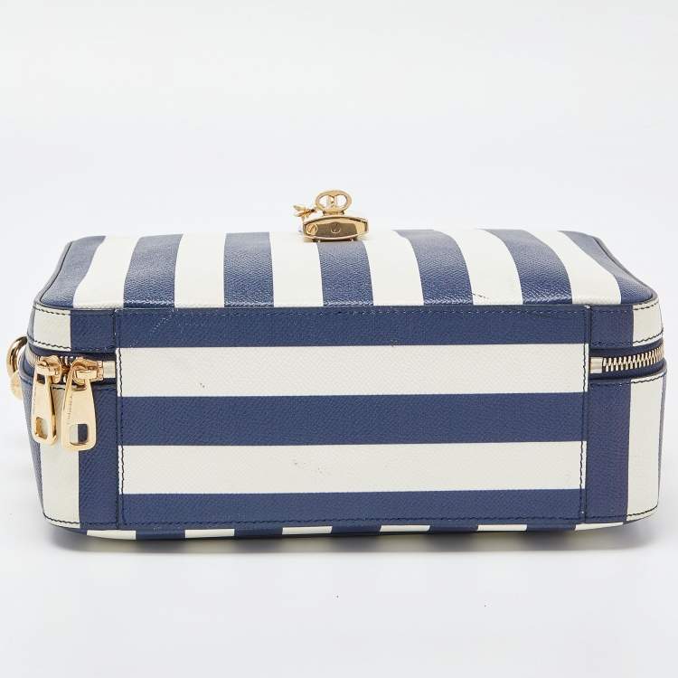 Pre Owned Dolce & Gabbana Blue/White Striped Leather Box Top Handle Bag