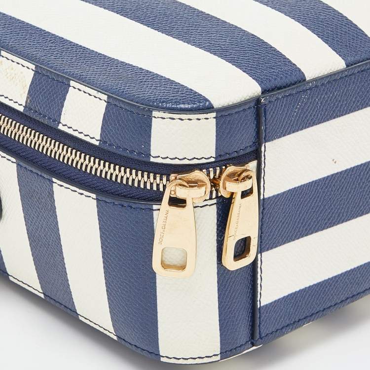 Pre Owned Dolce & Gabbana Blue/White Striped Leather Box Top Handle Bag