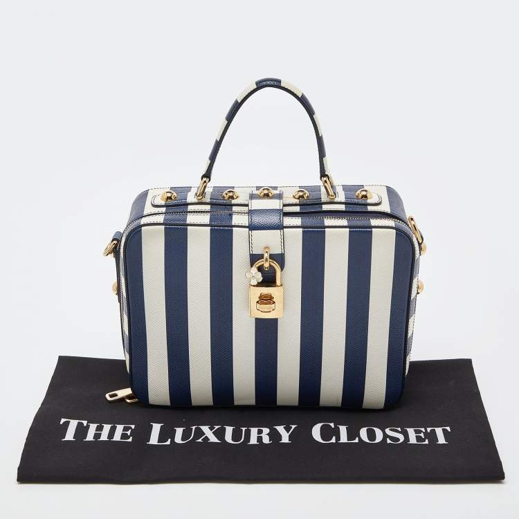 Pre Owned Dolce & Gabbana Blue/White Striped Leather Box Top Handle Bag