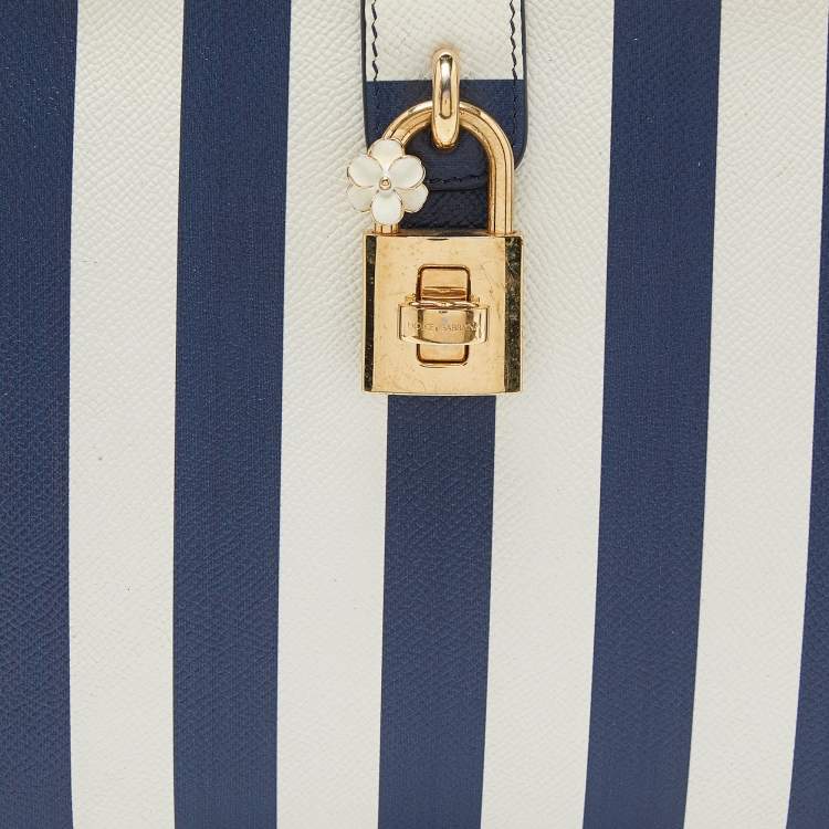 Pre Owned Dolce & Gabbana Blue/White Striped Leather Box Top Handle Bag