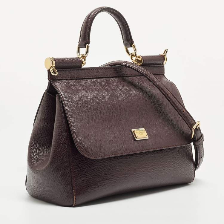 Pre Owned Dolce & Gabbana Plum Leather Medium Miss Sicily Top Handle Bag
