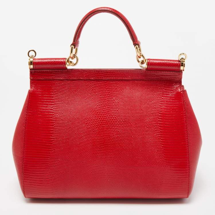 Pre Owned Dolce & Gabbana Red Lizard Embossed Leather Medium Miss Sicily Top Handle Bag