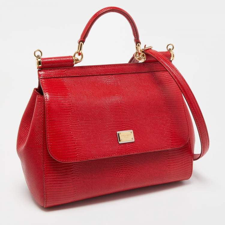 Pre Owned Dolce & Gabbana Red Lizard Embossed Leather Medium Miss Sicily Top Handle Bag