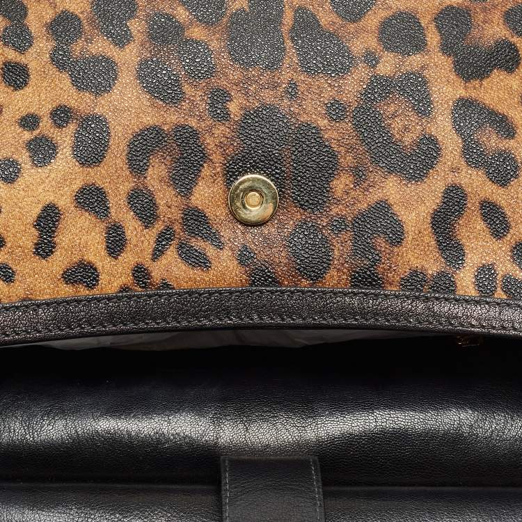 Pre Owned Dolce & Gabbana Black/Brown Leopard Print Coated Canvas Large Miss Sicily Top Handle Bag