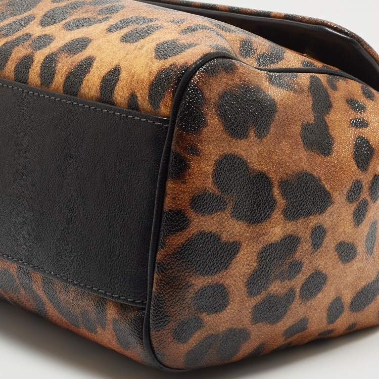 Pre Owned Dolce & Gabbana Black/Brown Leopard Print Coated Canvas Large Miss Sicily Top Handle Bag