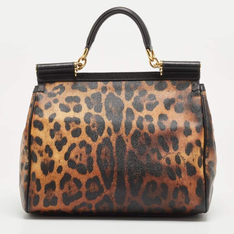 Pre Owned Dolce & Gabbana Black/Brown Leopard Print Coated Canvas Large Miss Sicily Top Handle Bag