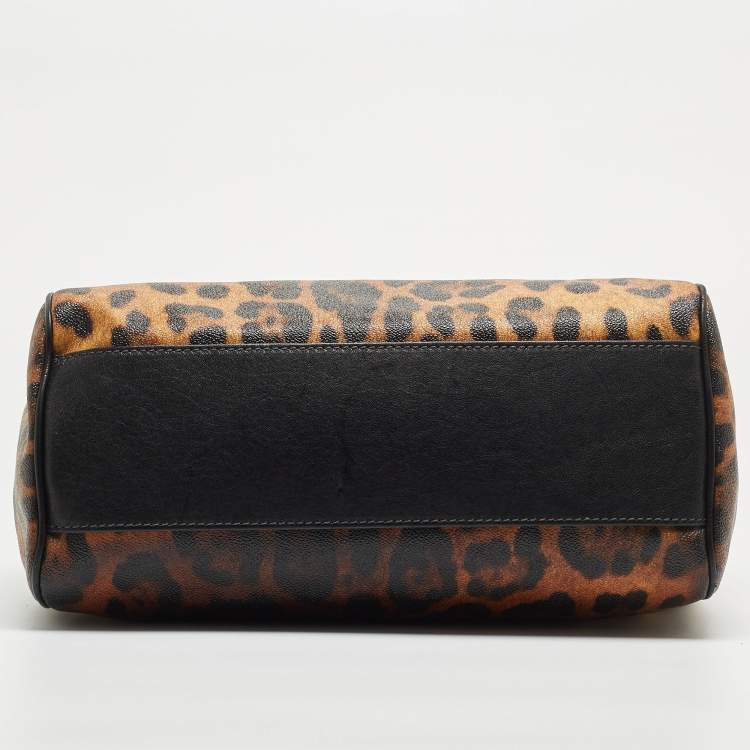 Pre Owned Dolce & Gabbana Black/Brown Leopard Print Coated Canvas Large Miss Sicily Top Handle Bag
