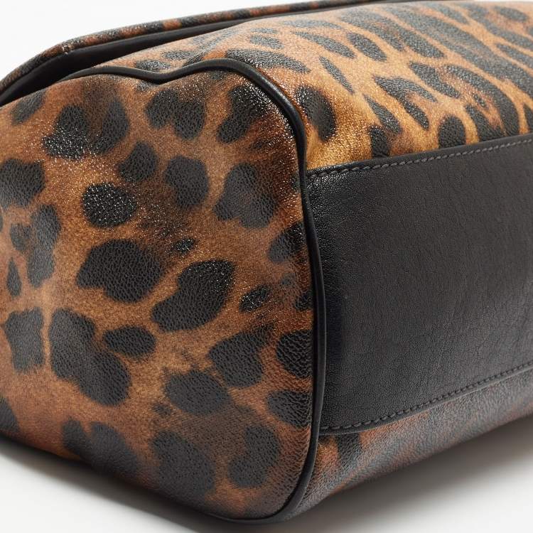 Pre Owned Dolce & Gabbana Black/Brown Leopard Print Coated Canvas Large Miss Sicily Top Handle Bag