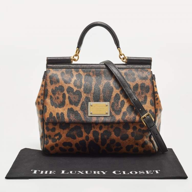 Pre Owned Dolce & Gabbana Black/Brown Leopard Print Coated Canvas Large Miss Sicily Top Handle Bag