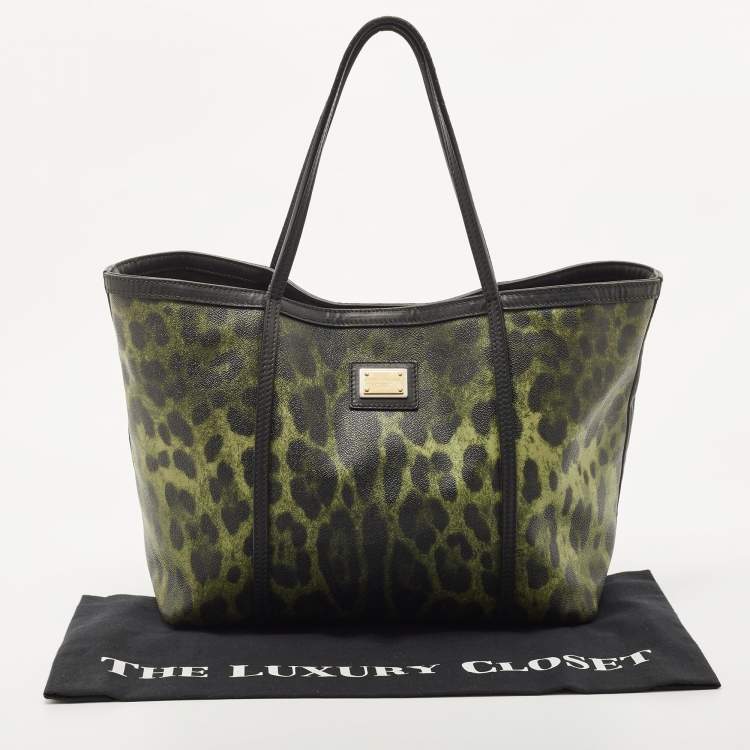 Pre Owned Dolce & Gabbana Black/Green Leopard Print Coated Canvas and Leather Miss Escape Tote
