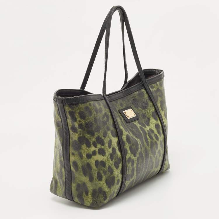 Pre Owned Dolce & Gabbana Black/Green Leopard Print Coated Canvas and Leather Miss Escape Tote