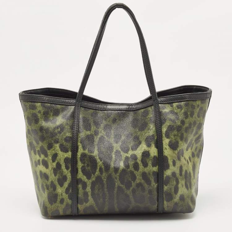 Pre Owned Dolce & Gabbana Black/Green Leopard Print Coated Canvas and Leather Miss Escape Tote