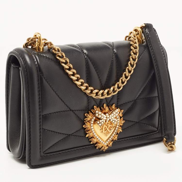 Pre Owned Dolce & Gabbana Black Leather Mini Devotion Chain Shoulder Bag