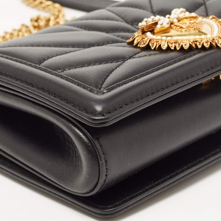 Pre Owned Dolce & Gabbana Black Leather Mini Devotion Chain Shoulder Bag