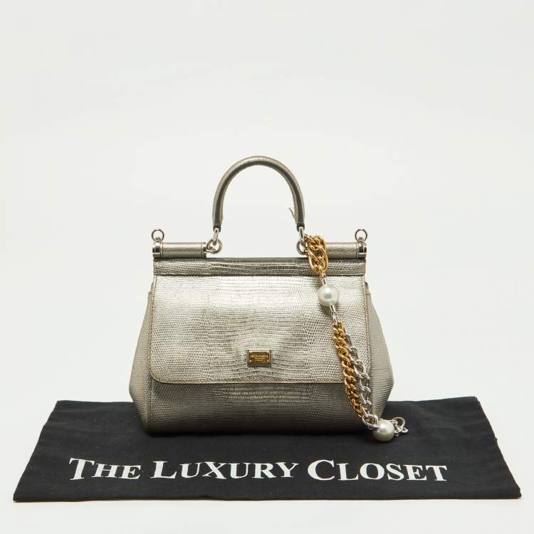 Pre Owned Dolce & Gabbana Metallic Silver Iguana Embossed Leather Small Miss Sicily Top Handle Bag
