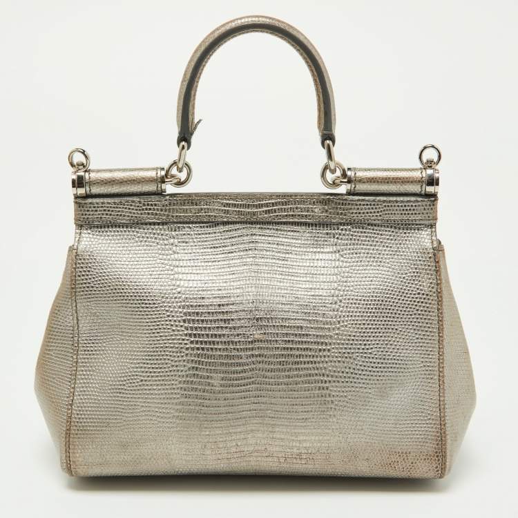 Pre Owned Dolce & Gabbana Metallic Silver Iguana Embossed Leather Small Miss Sicily Top Handle Bag