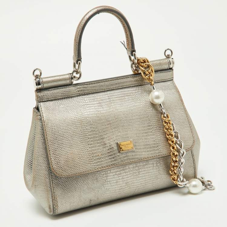 Pre Owned Dolce & Gabbana Metallic Silver Iguana Embossed Leather Small Miss Sicily Top Handle Bag
