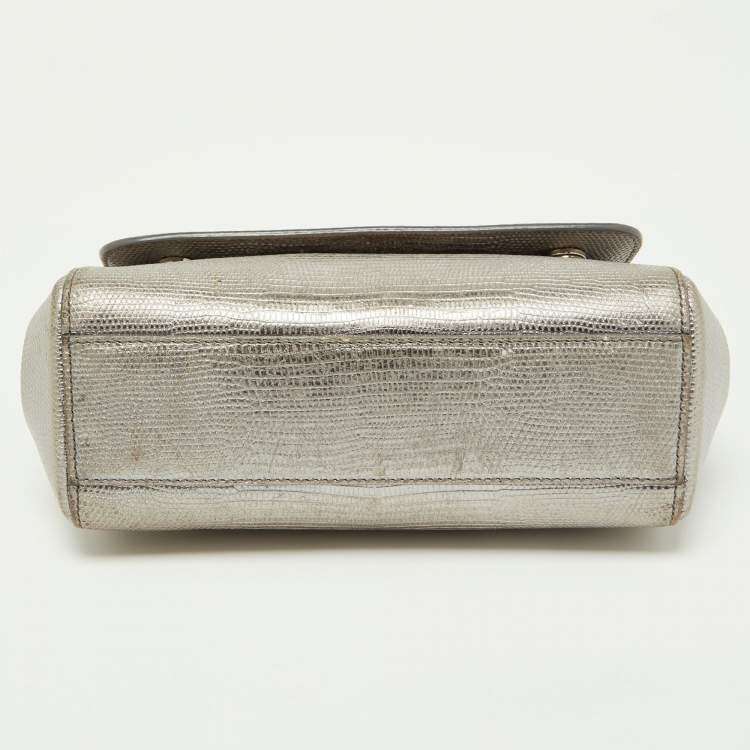 Pre Owned Dolce & Gabbana Metallic Silver Iguana Embossed Leather Small Miss Sicily Top Handle Bag