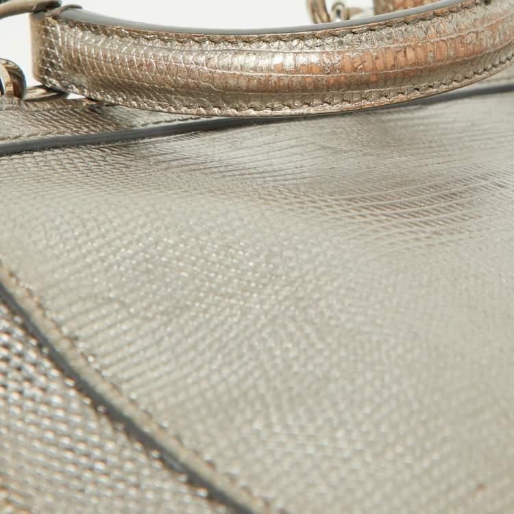 Pre Owned Dolce & Gabbana Metallic Silver Iguana Embossed Leather Small Miss Sicily Top Handle Bag