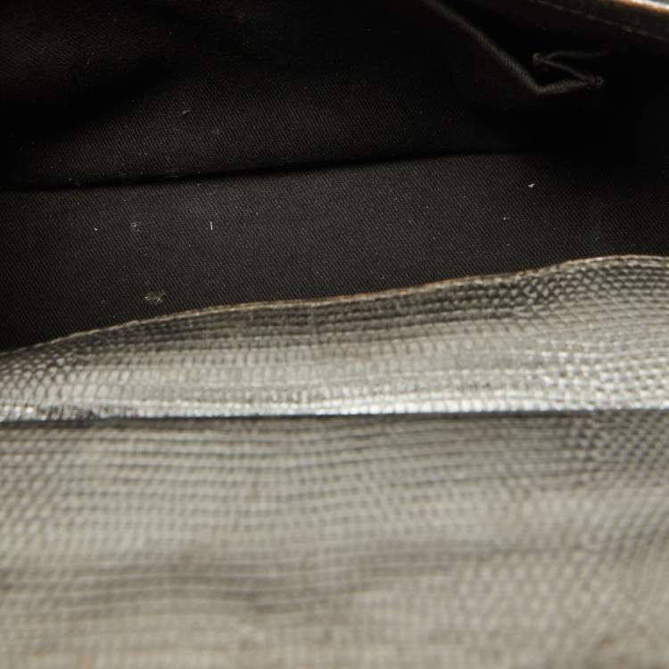 Pre Owned Dolce & Gabbana Metallic Silver Iguana Embossed Leather Small Miss Sicily Top Handle Bag