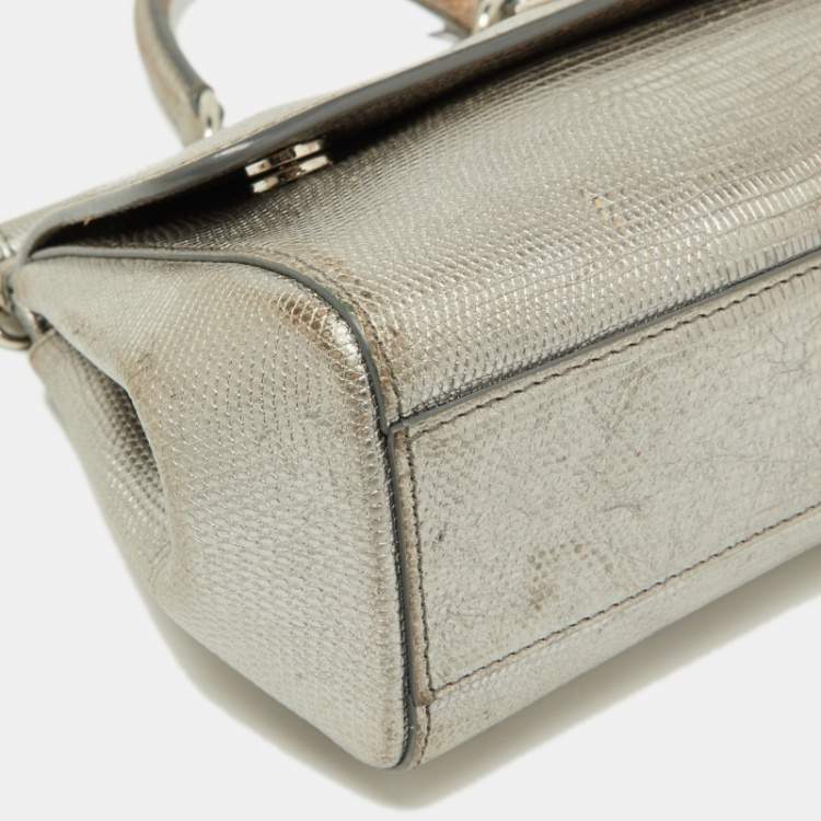 Pre Owned Dolce & Gabbana Metallic Silver Iguana Embossed Leather Small Miss Sicily Top Handle Bag