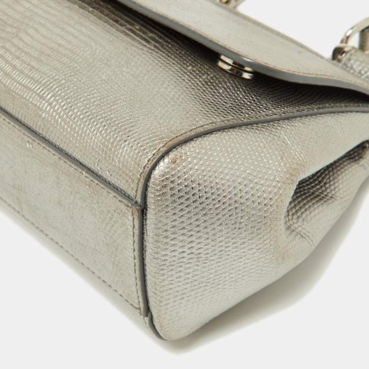 Pre Owned Dolce & Gabbana Metallic Silver Iguana Embossed Leather Small Miss Sicily Top Handle Bag